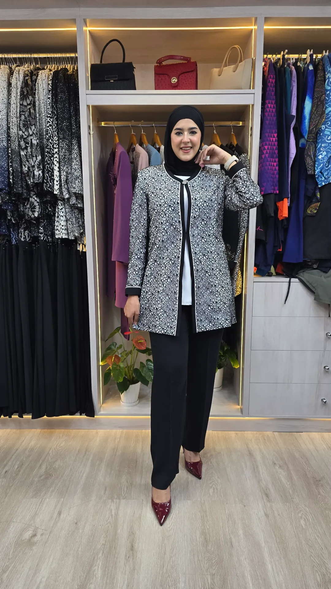 A formal set with an elegant black and white geometric pattern