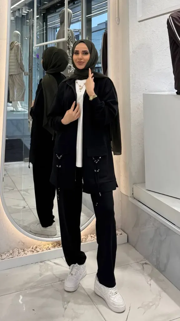 طقم مريح مكون قطعتين بقماش القطن (أسود, 38)