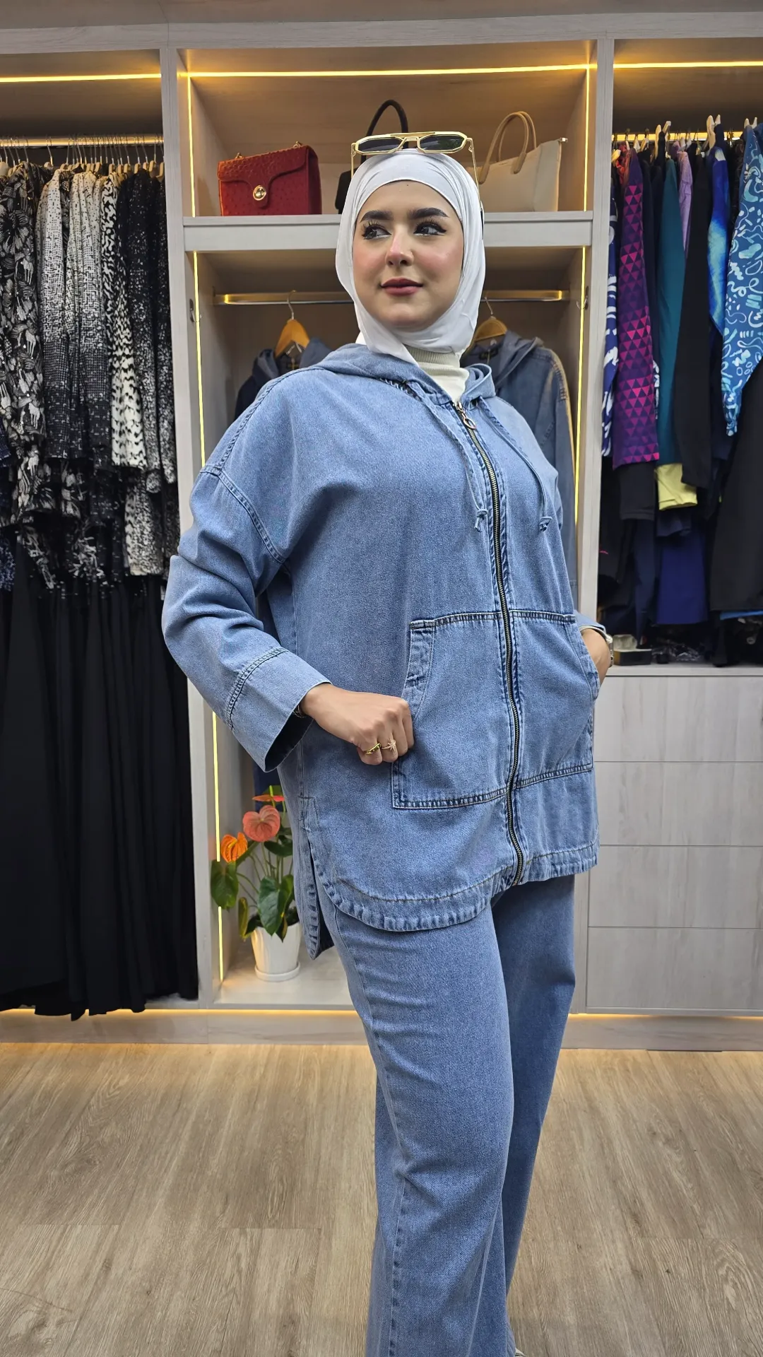 طقم جينز صيفي قطعتين بغطاء رأس (أسود, 38)