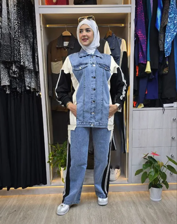 Two-piece set in cotton and jeans blend (GRAY, M)