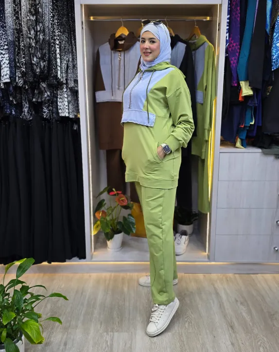 Two-piece set combined between jeans and cotton with a hood (GREEN, S)