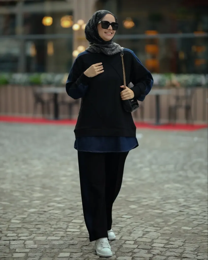 طقم قطني بخطوط زخرفية (أسود, S)