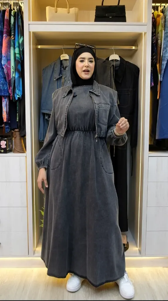 Two-piece denim dress with zipper (BLACK, 38)