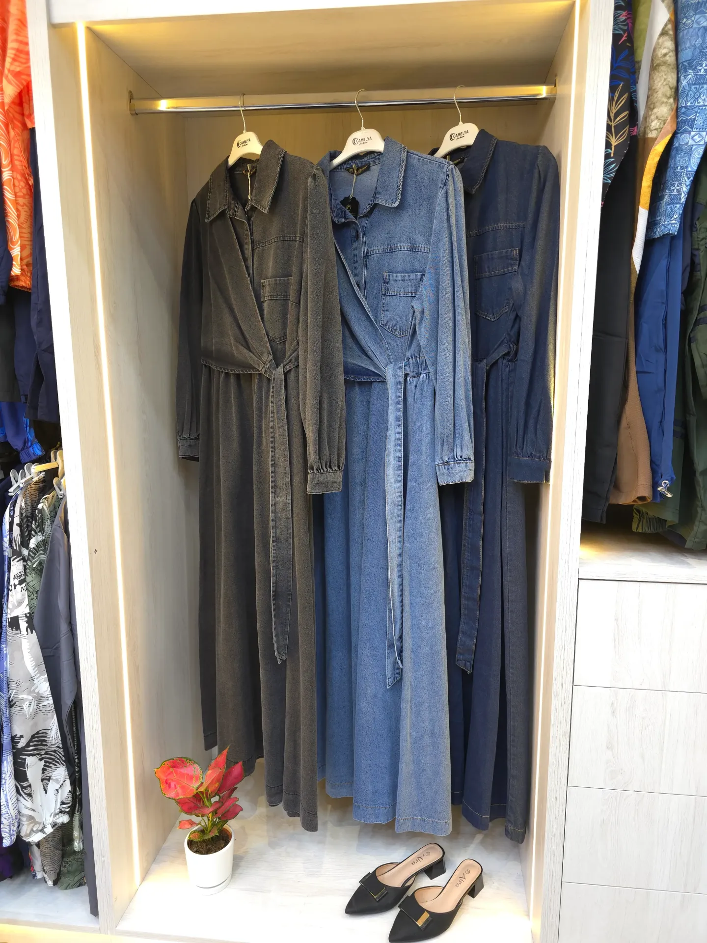 Two-piece denim dress with elegant tie (BLACK, 38)