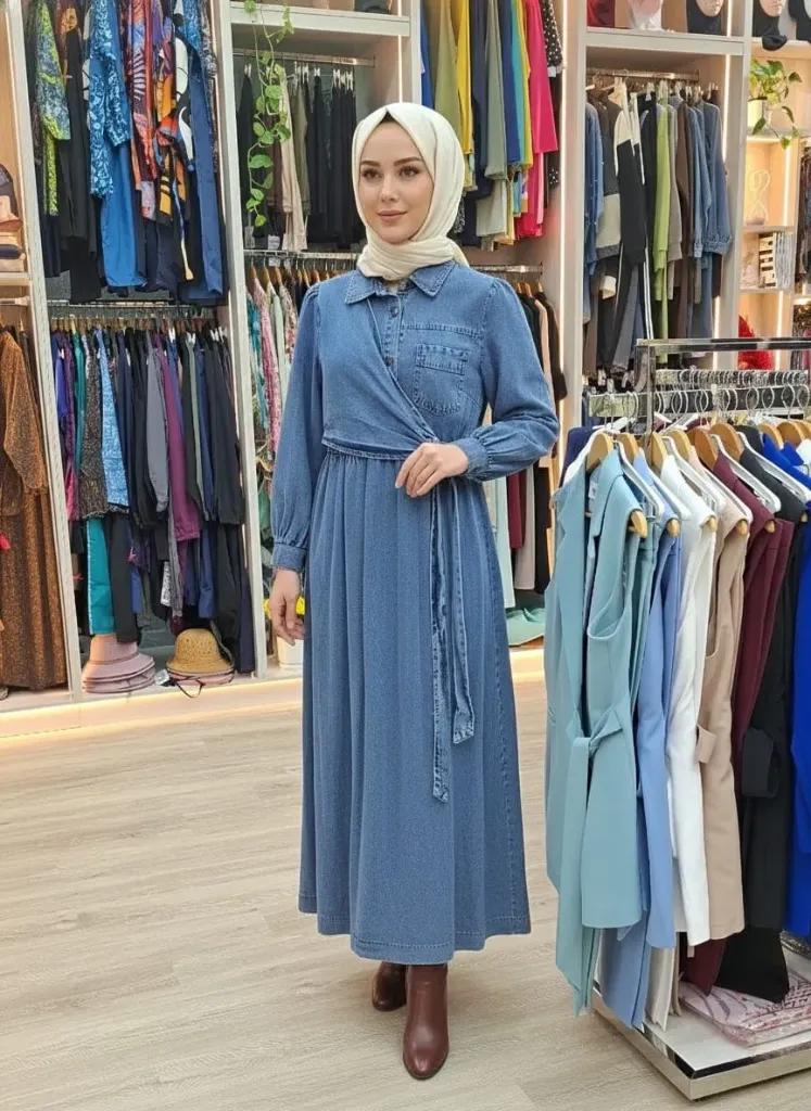 Two-piece denim dress with elegant tie (BLACK, 38)