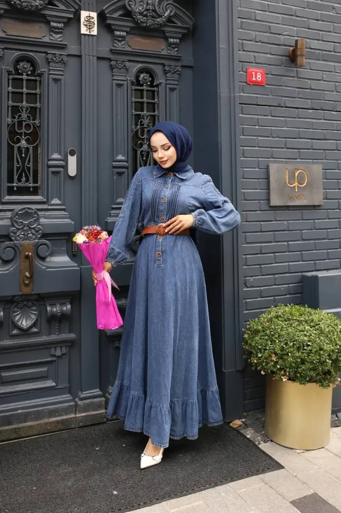 Embroidered summer denim dress with belt