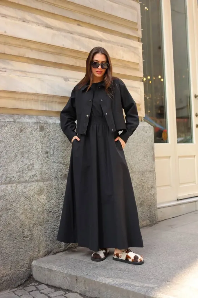 فستان قطعتين بقماش عملي (أسود, 38)
