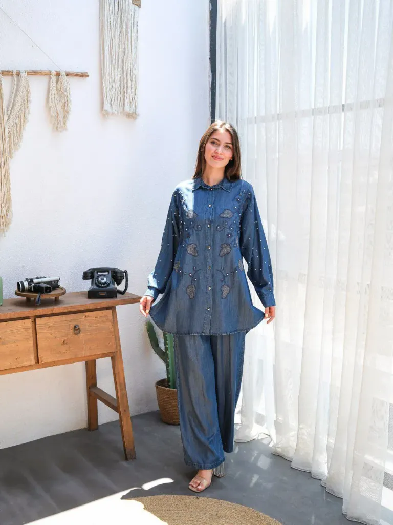 Embroidered tansal jeans set