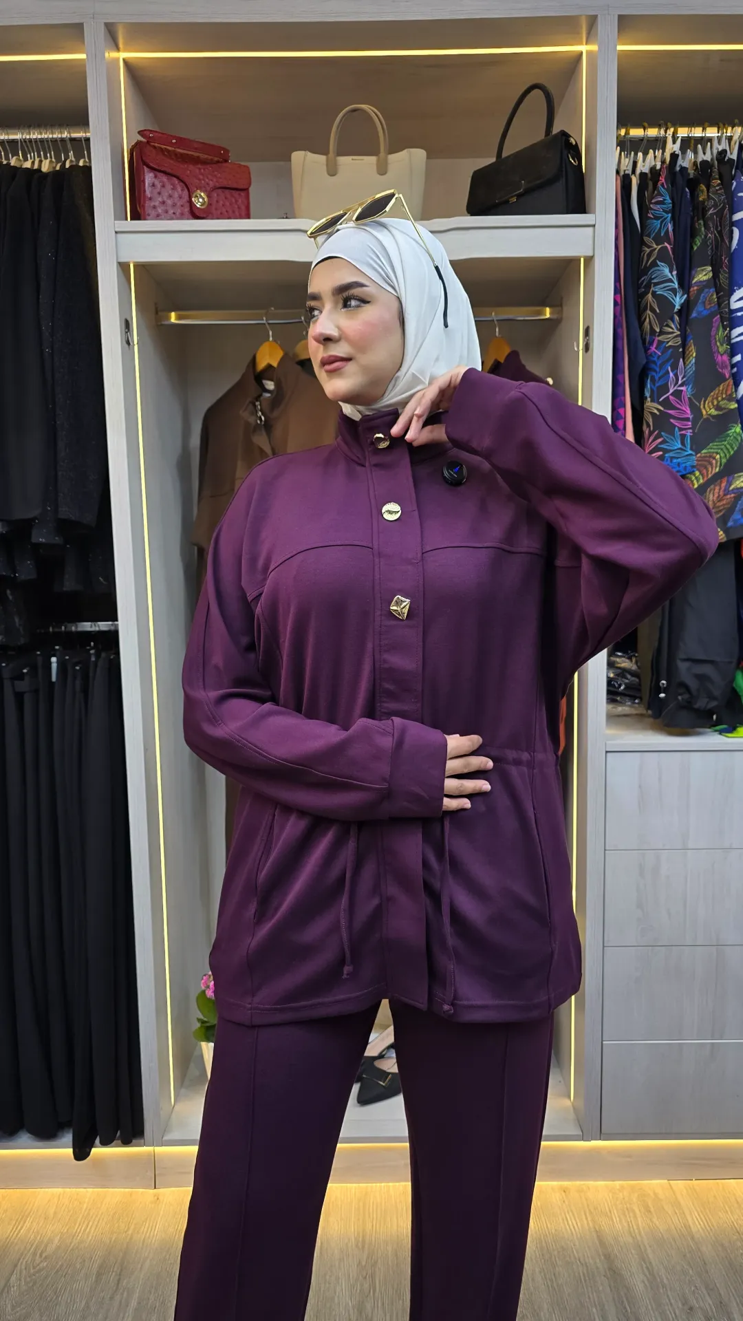 Two-piece cotton set with gold buttons (MAROON, S)