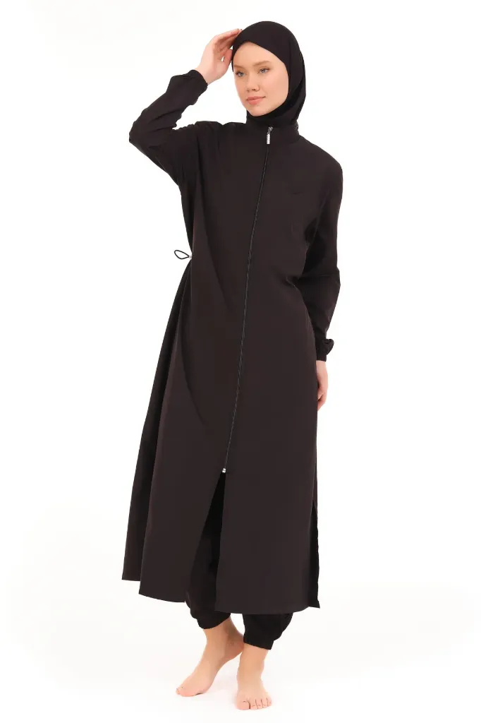 Plain long burkini 4 pieces parachute (BLACK, S)