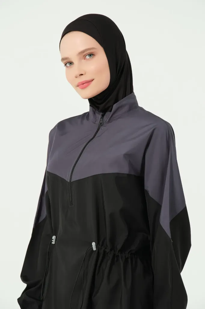 بوركيني طويل براشوت مزخرفة أعلى الصدر (أسود, S)