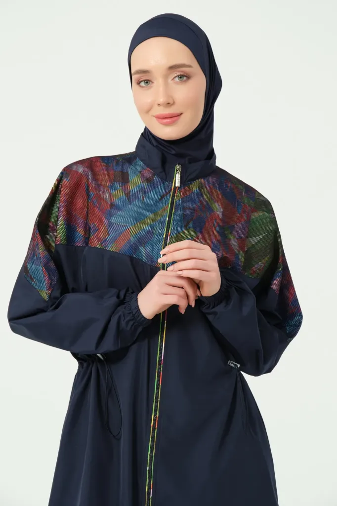 بوركيني طويل براشوت مزخرف أعلى الصدر باللوان (S)