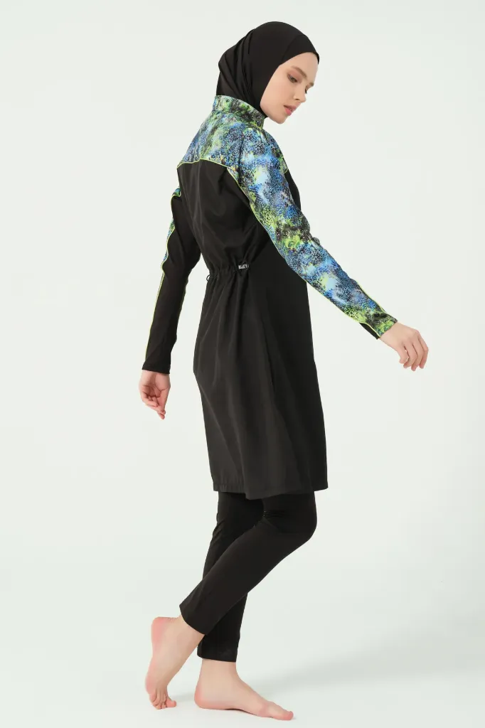 Practical two-tone stretch burkini (GREEN, S)