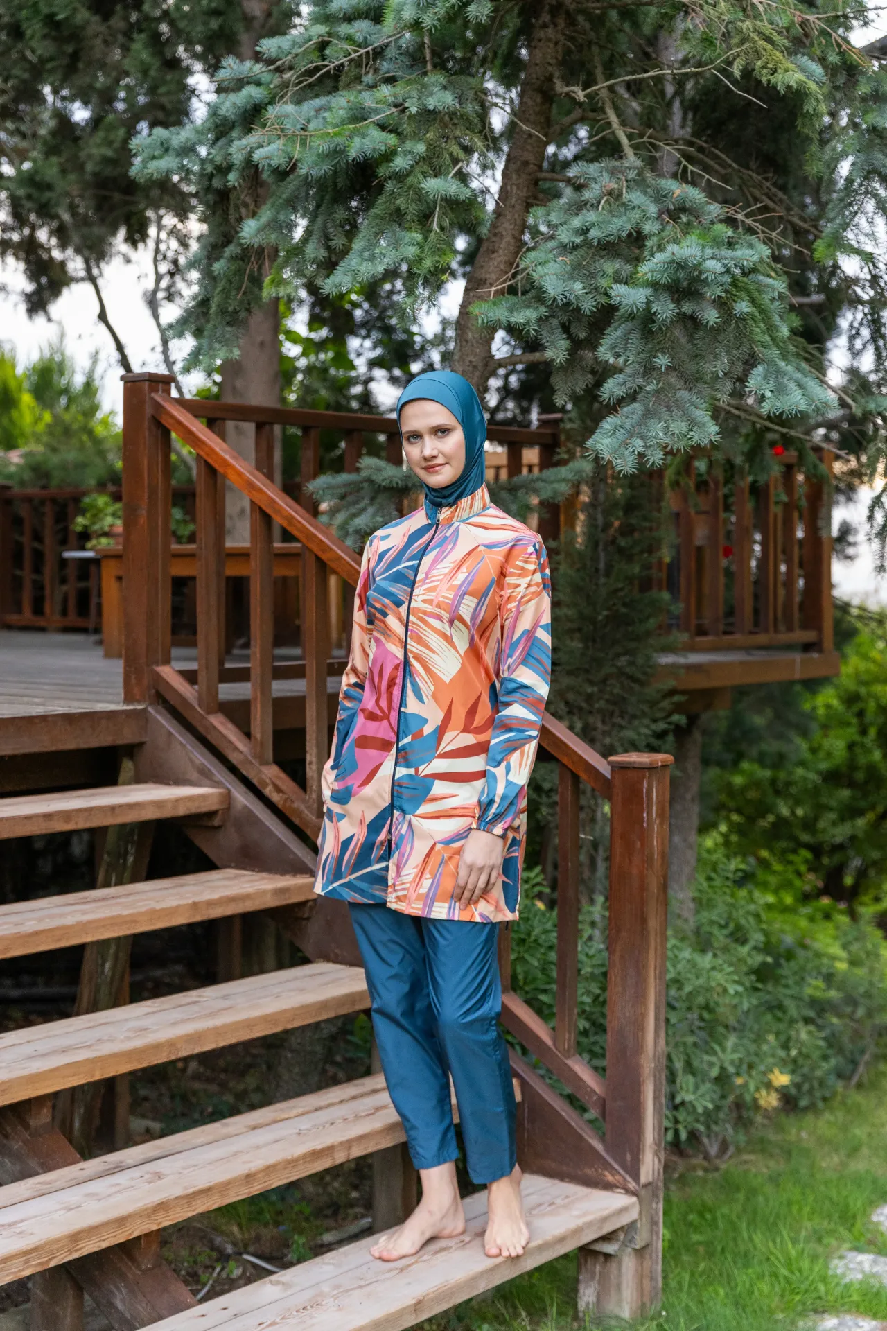 Parachute burkini with a subtle Tiffany print