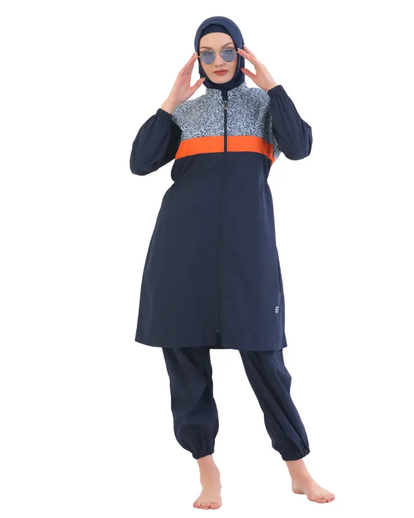 Burkini with a navy blue stripe with an orange stripe (M)
