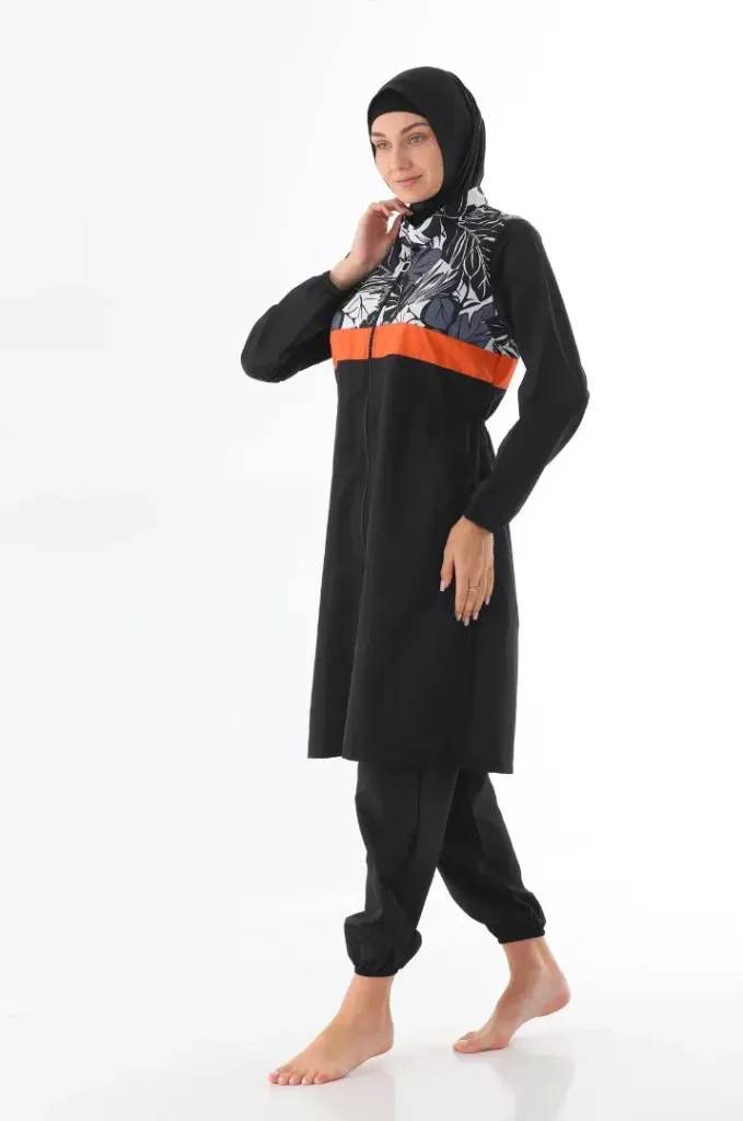 Black parachute burkini with tree print (M)
