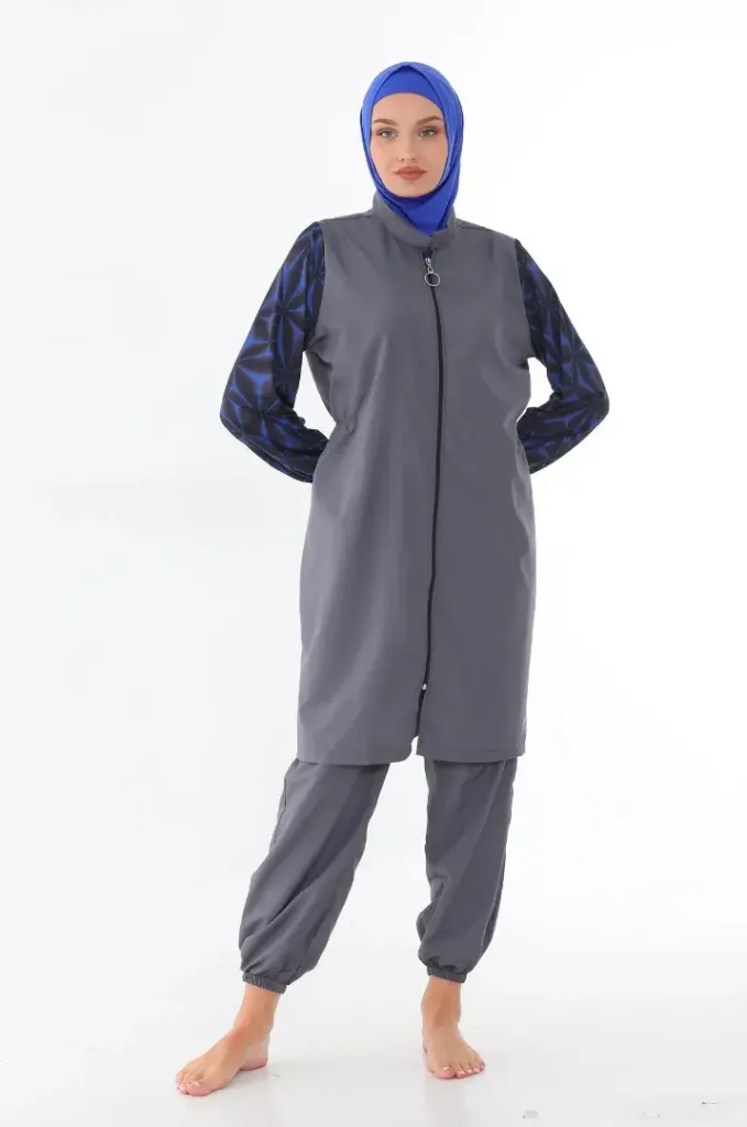Two-tone geometric burkini  4 pcs (GRAY, M)
