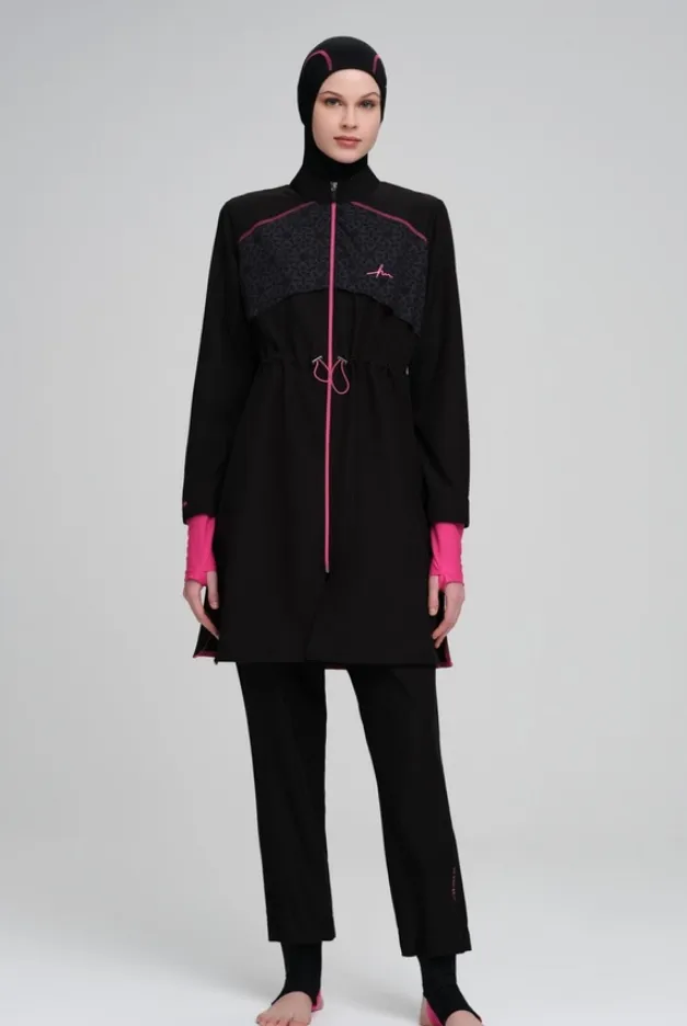 Luxury Geometric Stretch Burkini 5 Pcs (BLACK, L)