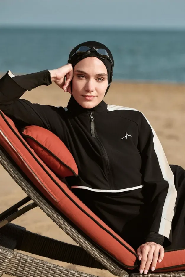 Burkini with side stripes, 5 pieces (BLACK, L)