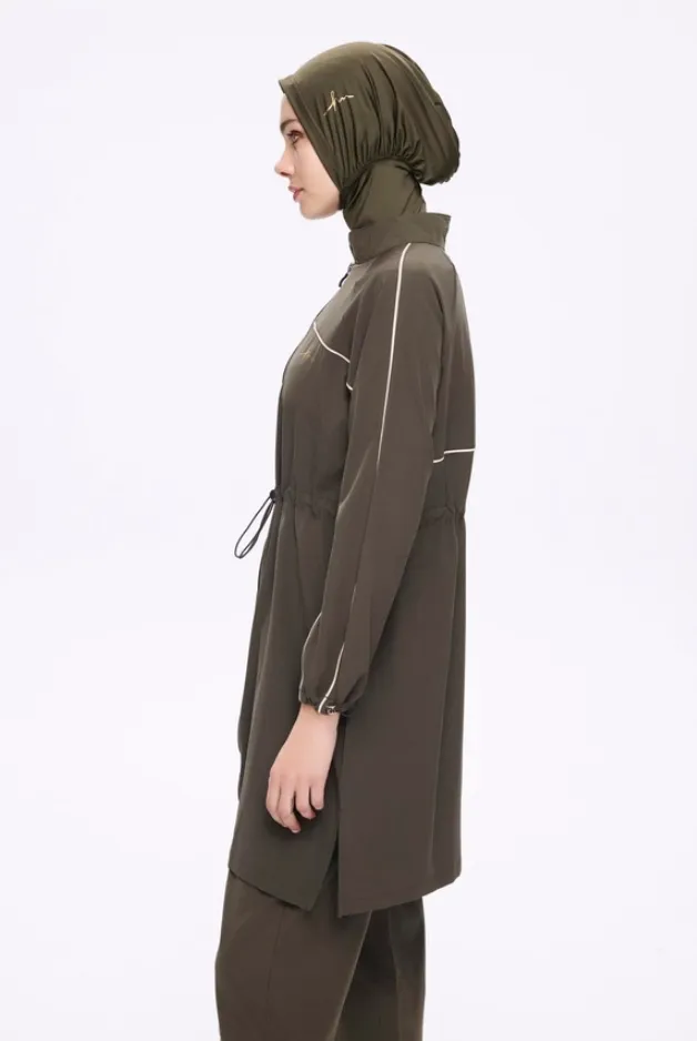 Olive burkini with geometric stripes, 5 pieces (M)