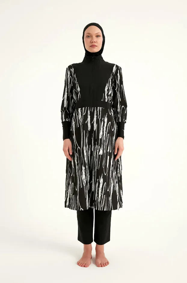 Black and white stretch burkini 4 pieces (L)