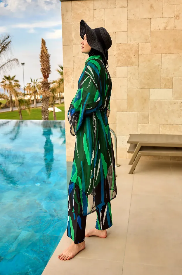 Green Embellished Stretch Burkini 5 Pieces