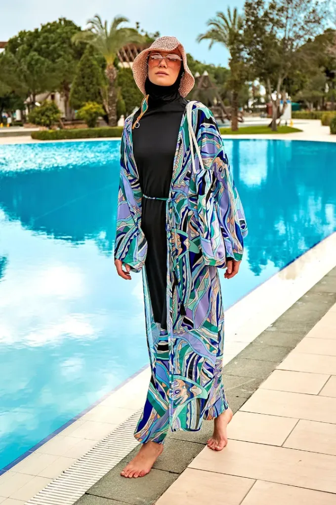 Burkini with purple print, 4 pieces