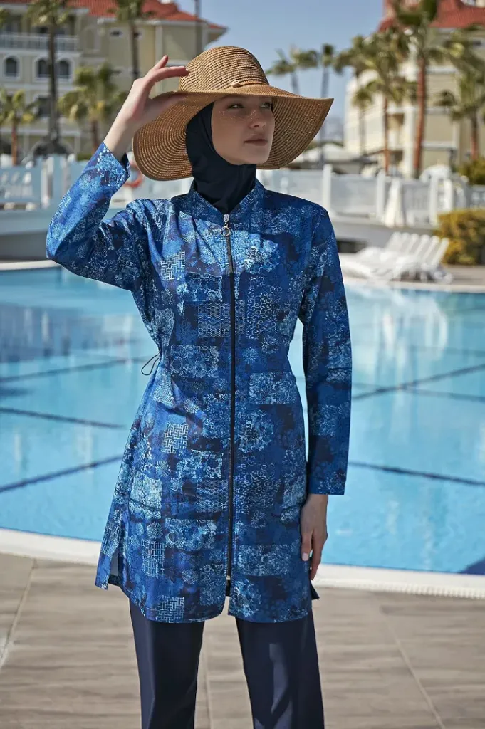 Blue parachute burkini with soft pattern, 4 pieces (M)