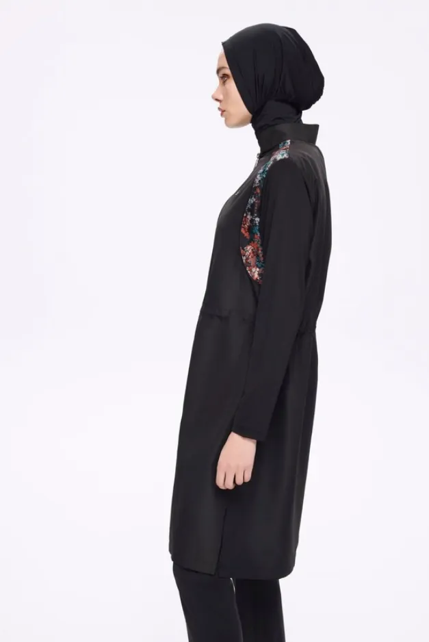 بوركيني براشوت أسود بزخرفة الكتف (5XL)