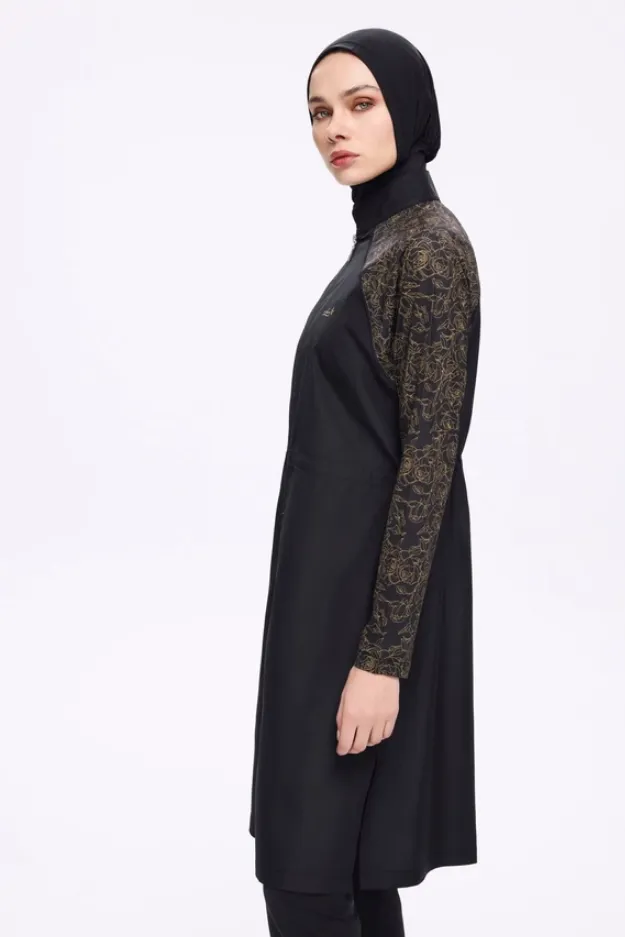 .Black parachute burkini with sleeves trim 4 pcs