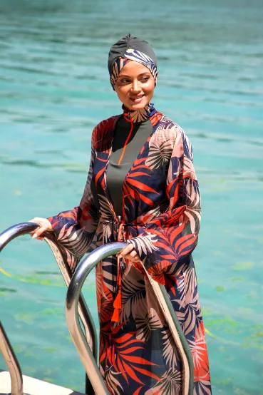 Navy red tropical silk chiffon cash maillot