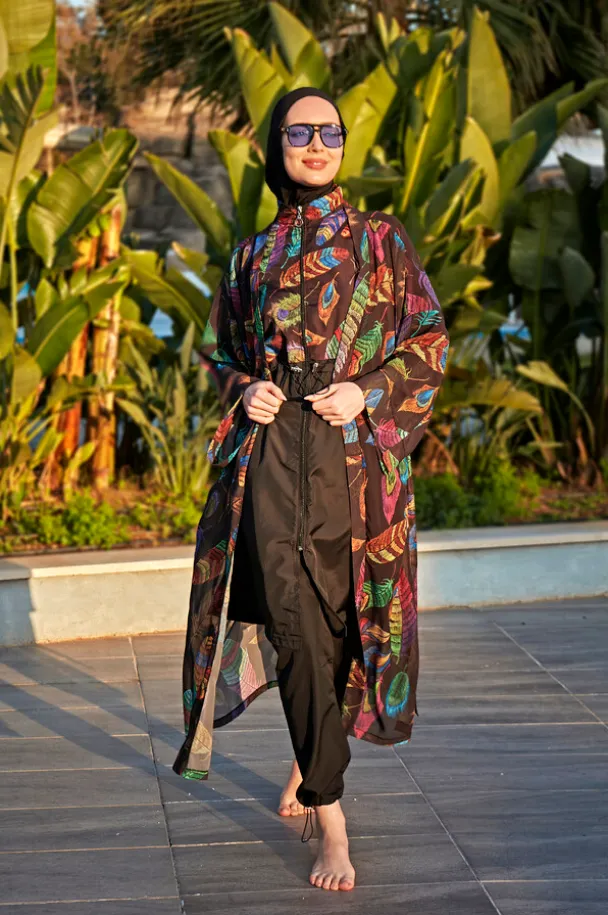 Black feather silk chiffon cashmere swimsuit