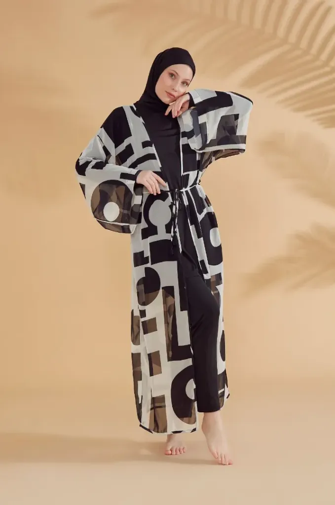 Black white geometric silk chiffon cashmere swimsuit