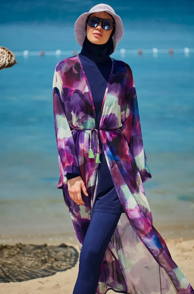 Cash maillot, chiffon, purple and pink flowers