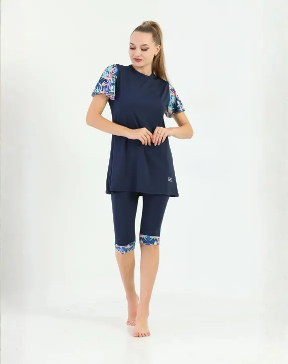 Four-piece short burkini with navy blue flowers (S)