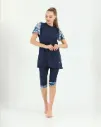 Four-piece short burkini with navy blue flowers