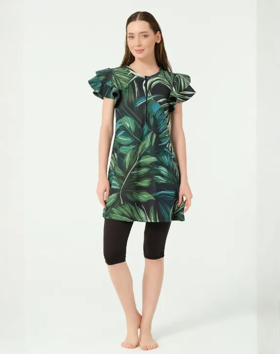 Colorful tropical short four-piece burkini (GREEN, S)