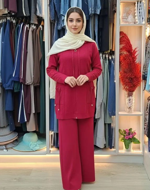 طقم شتوي من قماش التريكو (فوشيا)