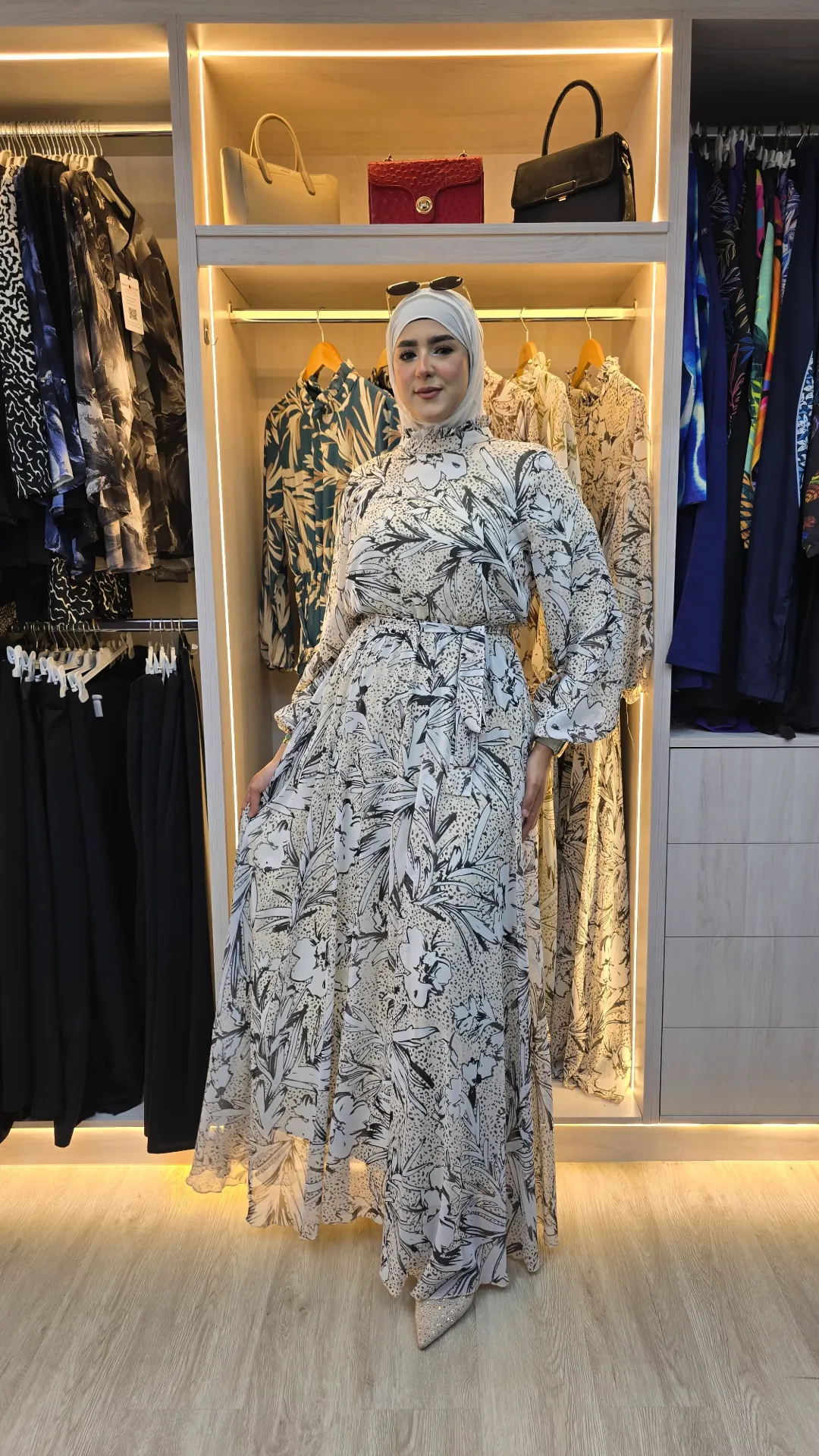 Elegant chiffon dress with branches print (GRAY, 42)