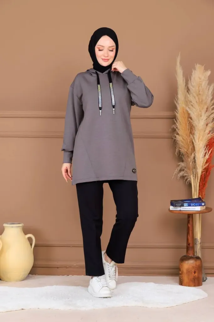 Cotton blouse with a hood and distinctive colors (GRAY, M)