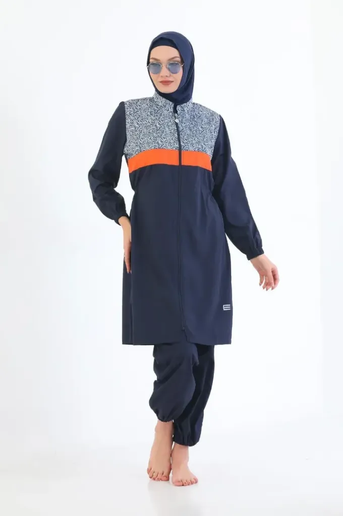 Burkini with a navy blue stripe with an orange stripe
