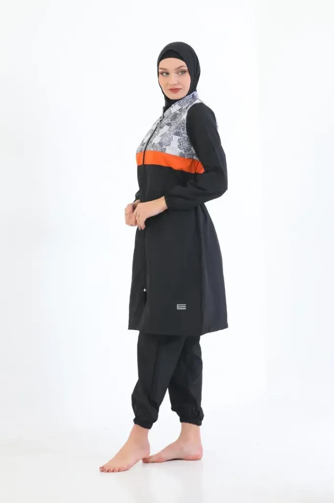 Black parachute burkini with orange stripe (1)