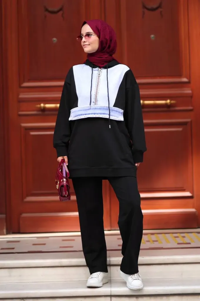 Two-piece set combined between jeans and cotton with a hood (BLACK, S)