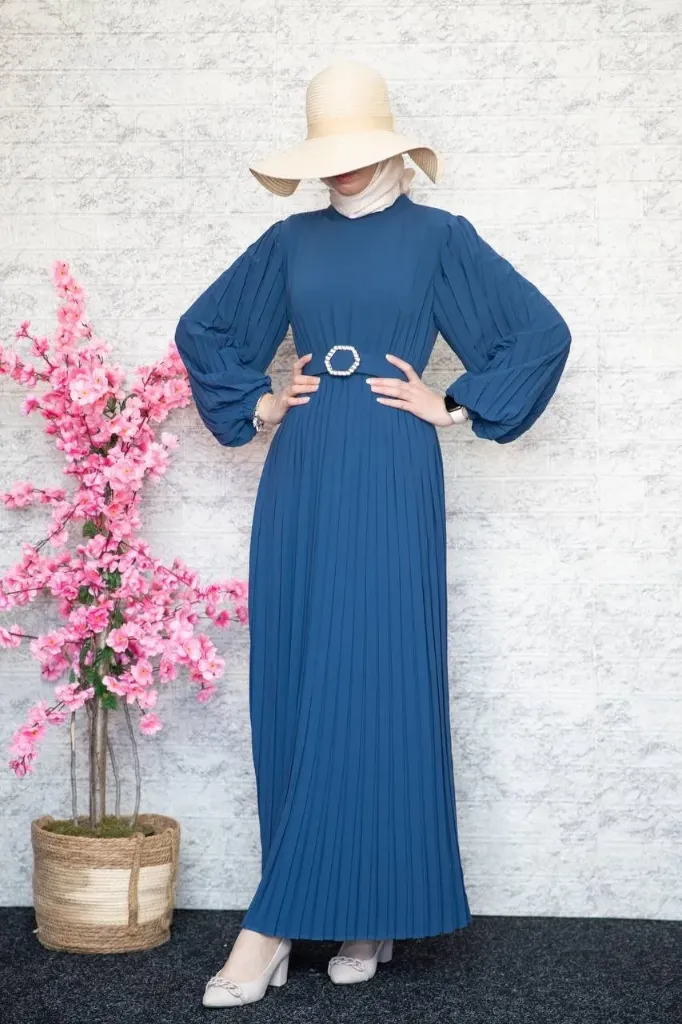 Luxurious royal pleated dress (BLUE, 38)