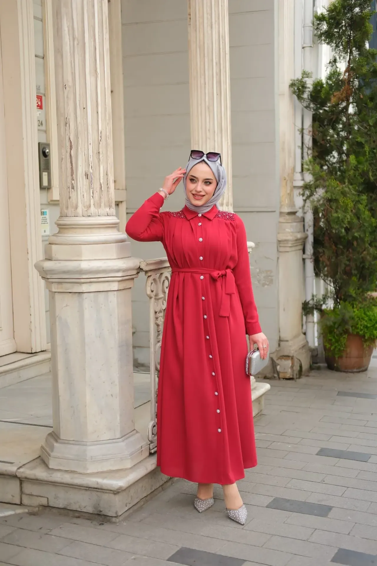 Crepe dress with pearl embellishments