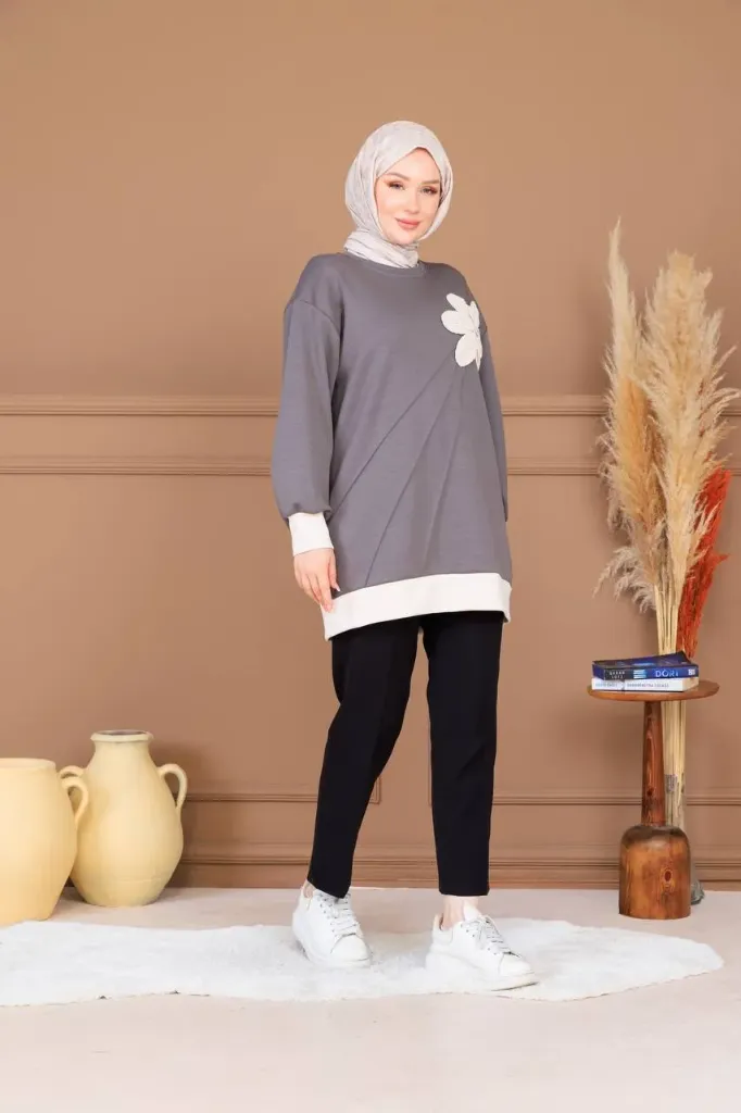بلوزة قطن مع وردة مرتفعة (رمادي, M)