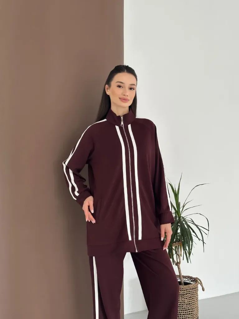 Burgundy double crepe Turkish tracksuit set