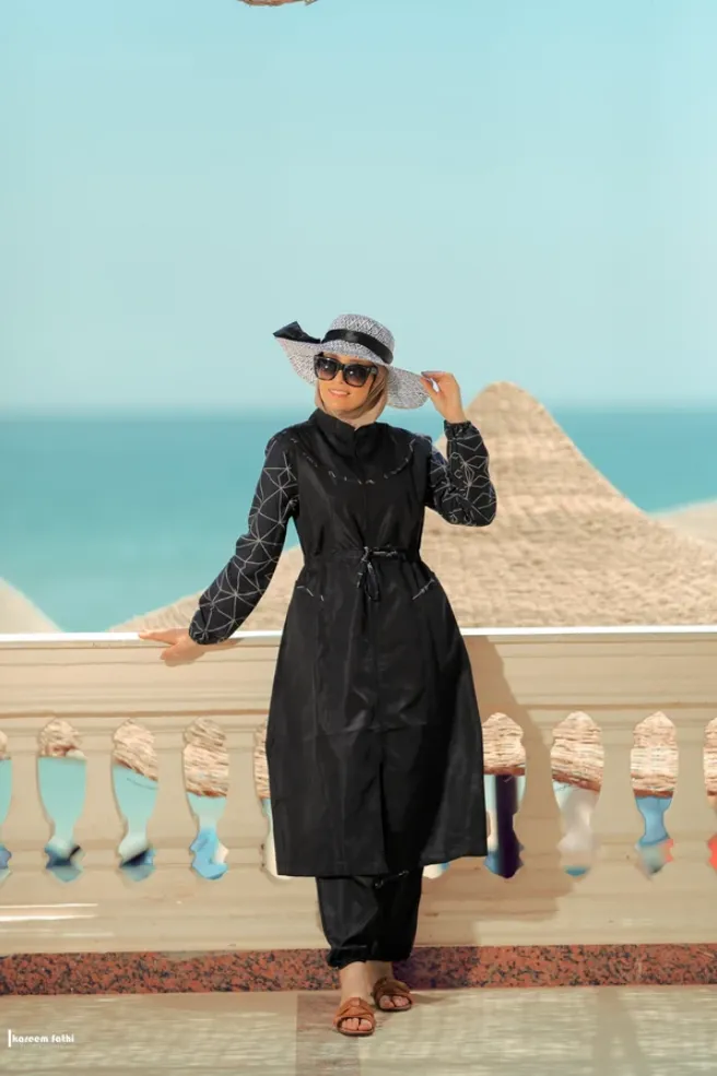 بوركيني قطعتين براشوت عملي (أسود, 1)